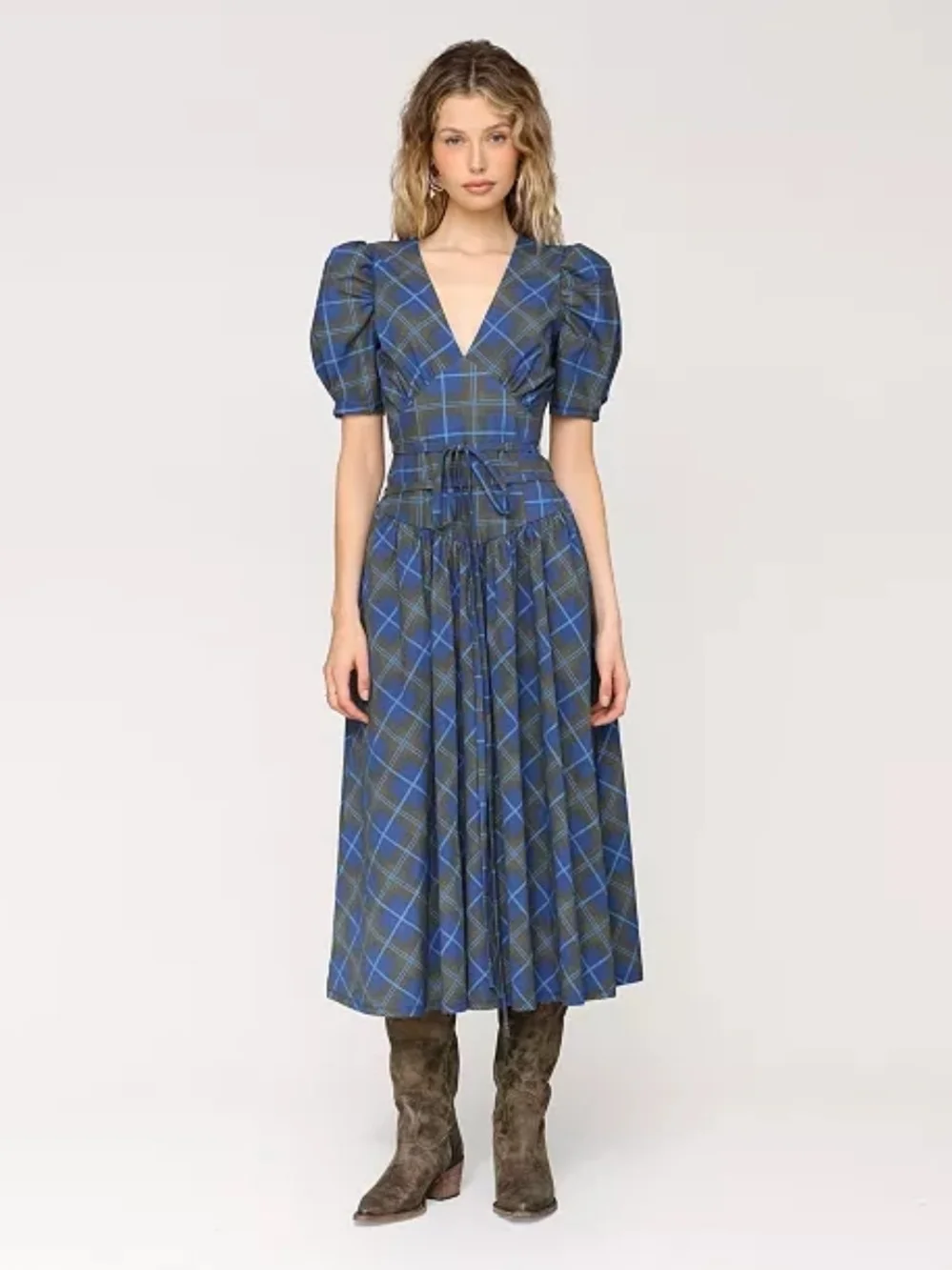 NWT Avec Les Filles Plaid Puff Sleeve Tie Belt Midi Dress - Size 12